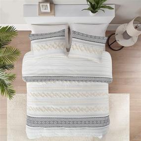 img 4 attached to 🛏️ Cotton Farmhouse Comforter Set, Full/Queen Size Boho Bedding Sets, Double-Sided Neutral Modern Design, Clipped Jacquard Stripes 3-Piece Set with Matching Pillow Shams (90x90 inches, Ivory)