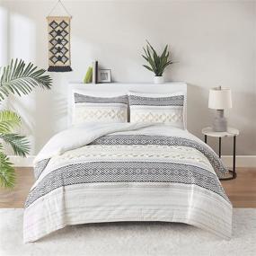 img 3 attached to 🛏️ Cotton Farmhouse Comforter Set, Full/Queen Size Boho Bedding Sets, Double-Sided Neutral Modern Design, Clipped Jacquard Stripes 3-Piece Set with Matching Pillow Shams (90x90 inches, Ivory)