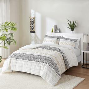 img 2 attached to 🛏️ Cotton Farmhouse Comforter Set, Full/Queen Size Boho Bedding Sets, Double-Sided Neutral Modern Design, Clipped Jacquard Stripes 3-Piece Set with Matching Pillow Shams (90x90 inches, Ivory)