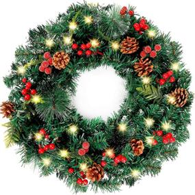 img 4 attached to Enhance Your Holiday Décor with FUNARTY Christmas Wreath: 50 LED Lights, 22 Inches, Festive Red Berries and Pinecones - Perfect for Front Door Winter Xmas Décor, Indoor and Outdoor Use