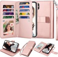 njjex wallet case for iphone xs max [rose gold] - pu leather folio flip with detachable kickstand, 9 card slots, id credit phone cover & lanyard for iphone xs max 6.5 logo