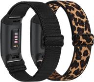 2-пакет нейлоновых спортивных браслетов для fitbit charge 4 / fitbit charge 3 / charge 3 se, замена эластичных ремешков для fitbit charge 4/charge 3, дышащие и эластичные, подходящие для мужчин и женщин, черный + леопардовый узор. логотип