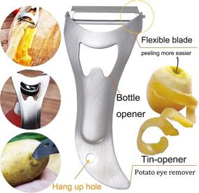 img 2 attached to KISTARCH 2-Pack Peelers for Kitchen: Stainless Steel Potato Peeler Set with Beer Opener and Potato-Eye Remover - Ideal for Potatoes, Apples, Carrots, Fruits, and Vegetables