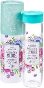 img 1 attached to Turquoise 20oz Floral Glass Water Bottle: Whoever Believes In Him - John 3:16 - by Christian Art Gifts