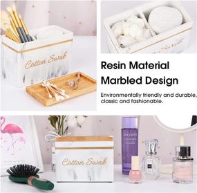 img 2 attached to 🛁 White Marble Cotton Swab and Cotton Ball Holder with Lid - 2 Compartment Resin Storage Box for Bathroom Accessories and Cosmetics - Stylish Countertop Organizer Containers with Gold Trim