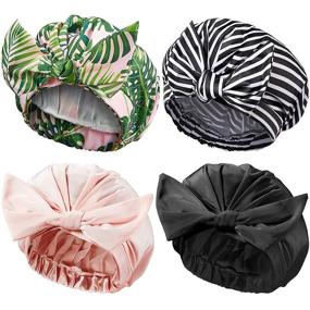 img 4 attached to 🚿 Waterproof Reusable Shower Hair Caps for Women - Elastic Hem Turban Shower Bath Caps - Bowknot Silky Satin Bath Hair Caps for Long, Short, and Curly Hair - Leaves, Stripe, Black, Beige - Pack of 4