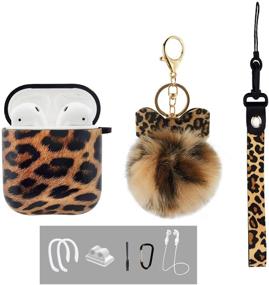 img 4 attached to 🐆 Стильный чехол MOLOVA для AirPods с леопардовым принтом, помпоном и ремешком - защитный жесткий чехол с брелоком в виде мехового шарика для женщин, девочек и подростков - совместим с AirPods 2/1.