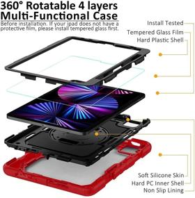 img 2 attached to 🔴 Red iPad Pro 11 Case 2021/2020/2018, iPad Air 4th Gen Case - Shockproof Full Body Protection, 9H Tempered Glass, Wireless Charging Support, Rotating Kickstand & Hand Strap