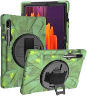 kiq shockproof heavy duty dual-layer case with kickstand, handstrap, shoulderstrap sling for samsung galaxy tab s7 plus 12.4 (2020 sm-t970), shield camouflage design logo