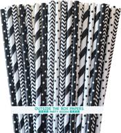 🎉 100 pack of 7.75-inch black and white paper straws with stripe, chevron, and polka dot patterns logo