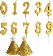 premium 10-piece cake numeral candles set in gold - glitter birthday numeral candles 0-9 with bonus 2-piece birthday hat. ideal cake topper decoration for birthday party favors logo