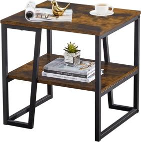 img 4 attached to 🪑 WOHOMO Industrial Side Table: 2 Tiered Shelves, Nightstand for Bedroom with Abstract T Diagonal Base, Rustic Brown Design