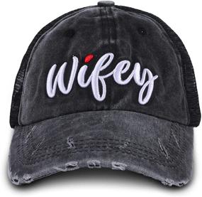 img 3 attached to 🧢 Wifey Baseball Cap: Stylish & Adjustable 3D Embroidered Trucker Hat for Women with Pony Tail Opening, Low Profile Design in Denim & Mesh