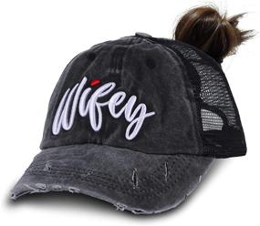 img 4 attached to 🧢 Wifey Baseball Cap: Stylish & Adjustable 3D Embroidered Trucker Hat for Women with Pony Tail Opening, Low Profile Design in Denim & Mesh