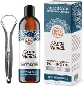 img 4 attached to GuruNanda Advanced Formula Oil Pulling with Tongue Scraper - Natural Coconut Oil Mouthwash for Bad 🌴 Breath, Healthy Gums & Teeth - Enriched with Essential Oils & Vitamins D, E (8 Fl Oz)