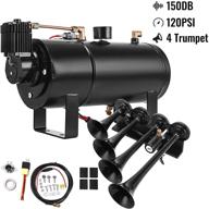 high-performance 150db train air horn kit with 4 trumpets - fits all vehicle types: truck, car, jeep, suv - complete with 120psi 12v air compressor logo