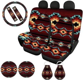 img 4 attached to 🚗 Stylish Navajo Southwest Car Seat Covers for Women: Aztec Car Accessories Set with Steering Wheel Cover, Seat Belt Pads, and More