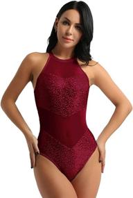 img 3 attached to 🩰 inhzoy Women's Halter Sequin Sheer Mesh Ballet Dance Gymnastics Leotard Bodysuit