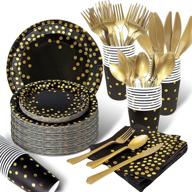 🎉 175pcs black and gold party supplies bundle: disposable dinnerware set with golden dot black plates, gold cutlery set, black napkins cups - perfect for graduation, birthday, wedding celebration logo