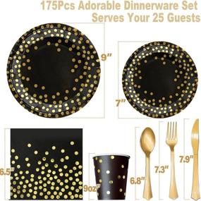 img 3 attached to 🎉 175PCS Black and Gold Party Supplies Bundle: Disposable Dinnerware Set with Golden Dot Black Plates, Gold Cutlery Set, Black Napkins Cups - Perfect for Graduation, Birthday, Wedding Celebration