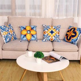 img 3 attached to 🌻 Cygnus Farmhouse Floral and Boho Retro Throw Pillow Covers - 18x18 Inch Outdoor Decor Cushion Cover Set of 4, Blue and Orange