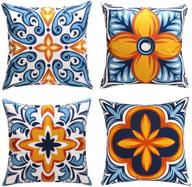 🌻 cygnus farmhouse floral and boho retro throw pillow covers - 18x18 inch outdoor decor cushion cover set of 4, blue and orange логотип