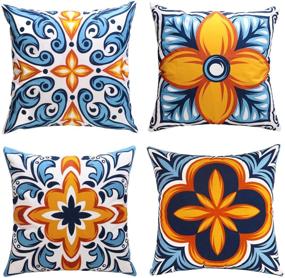 img 4 attached to 🌻 Cygnus Farmhouse Floral and Boho Retro Throw Pillow Covers - 18x18 Inch Outdoor Decor Cushion Cover Set of 4, Blue and Orange