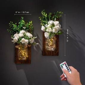 img 3 attached to 🌻 RS Sunlight Rustic Mason Jar Wall Sconce with String LED Lights - Farmhouse Wall Decor for Bedroom Living Room Bathroom - Two Remote Controls - White Rose Bouquet (Set of 2): Stylish Illumination for any Space