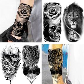 img 1 attached to 🐯 Yezunir 62 Sheets Black Tiger Lion Temporary Tattoos for Women Men Kids, Halloween Scary Skull Skeleton Wolf Fake Tattoo Stickers Adults, Long-lasting 3D Tribal Anchor Sexy Small Flower Tattoos Rose