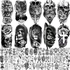 img 4 attached to 🐯 Yezunir 62 Sheets Black Tiger Lion Temporary Tattoos for Women Men Kids, Halloween Scary Skull Skeleton Wolf Fake Tattoo Stickers Adults, Long-lasting 3D Tribal Anchor Sexy Small Flower Tattoos Rose