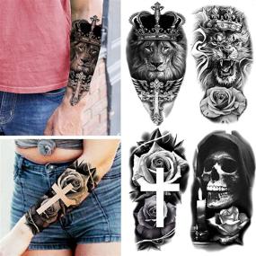 img 3 attached to 🐯 Yezunir 62 Sheets Black Tiger Lion Temporary Tattoos for Women Men Kids, Halloween Scary Skull Skeleton Wolf Fake Tattoo Stickers Adults, Long-lasting 3D Tribal Anchor Sexy Small Flower Tattoos Rose