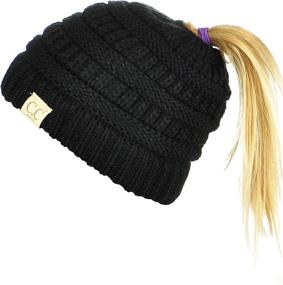 img 4 attached to 🧒 C.C BeanieTail Kids' Soft Cable Knit Messy High Bun Ponytail Beanie Hat: Ultimate Comfort for Children