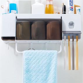 img 4 attached to 🦷 Convenient and Space-Saving: Automatic Toothpaste Dispenser Wall Mounted with Toothbrush Holder, 3 Cups, 4 Brush Slots, Towel Bar - No Drill Needed!