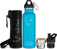 🧊 swig savvy stainless steel water bottle with vacuum insulation, 3 caps, and pouch - 20 oz, blue logo