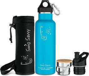 img 4 attached to 🧊 Swig Savvy Stainless Steel Water Bottle with Vacuum Insulation, 3 Caps, and Pouch - 20 oz, Blue