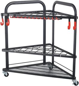 img 4 attached to 🔧 Black Powder Coated Steel Garden Tool Organizer with Wheels and Storage Hooks - Rolling Corner Tool Storage Rack for Garden, Shed, or Garage