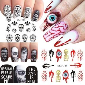 img 3 attached to 🎃 Halloween Nail Stickers - Day of The Dead Water Transfer Nail Decals: Skulls, Ghosts, Eyes, Hulk, Clowns, Witches | Nail Art Stickers for Halloween Party Manicure | Tips, Charms, Decorations