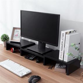 img 1 attached to 🖥️ Adjustable Dual Monitor Stand Riser by SUPERJARE - Desktop Storage Organizer for Laptop, TV, PC, Printer - Black, with Adjustable Length and Angle