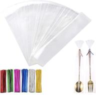 🍬 400 pack of 2x10 inch thick clear cello treat bags - durable plastic cellophane bags with colorful twist ties for packing bakery, popcorn, cookies, candies, desserts, and treats - poly bags logo