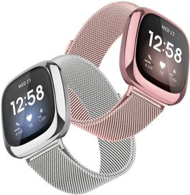 img 4 attached to 🌸 Tobfit [2 пакета] Металлические браслеты: Совместимые с Fitbit Versa 3 / Sense, регулируемые нержавеющей стали с магнитными заклёпками и чехлом из ТПУ с протектором экрана (розовое золото и серебро, маленький размер)