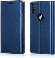 📱 belemay iphone x wallet case: genuine cowhide leather rfid blocking card holder with kickstand - blue logo