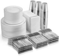 🍽️ 700 piece silver dinnerware set - premium silver rim plastic plates, silver plastic silverware, cups, linen like napkins - ideal for hosting events & parties - 100 guest disposable silver dinnerware set logo