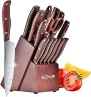 keenair 15-piece kitchen knife set: 12 stainless steel knives, block, sharpener, scissors; maroon brown red wooden handles & block logo