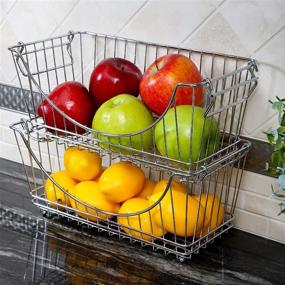 img 3 attached to Medium Smart Design Stacking Baskets Organizer with Handle - Steel - Safe for Food, Fruit, and Vegetables - Kitchen Storage (12.63 x 5.5 Inch) [Chrome] (2 Pack)