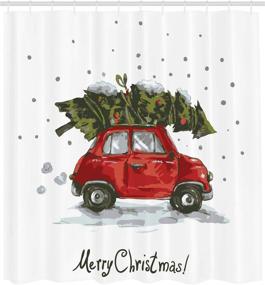 img 1 attached to 🎄 Ambesonne Christmas Shower Curtain: Retro Style Car Xmas Tree Vintage Illustration for Snowy Winter Art, Cloth Fabric Decor Set with Hooks - 70'' Long, Green Vermilion