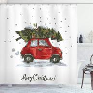 🎄 ambesonne christmas shower curtain: retro style car xmas tree vintage illustration for snowy winter art, cloth fabric decor set with hooks - 70'' long, green vermilion logo