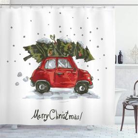 img 2 attached to 🎄 Ambesonne Christmas Shower Curtain: Retro Style Car Xmas Tree Vintage Illustration for Snowy Winter Art, Cloth Fabric Decor Set with Hooks - 70'' Long, Green Vermilion