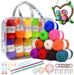img 4 attached to VICOVI 1000+ Yard Acrylic Yarn Kit for Crochet & Knitting Craft with 24 Assorted Colors, 2 Crochet Hooks, 2 Mint Plastic Knitting Needles, 10 Markers, 10 Hairbands, 10 Hairpins, and 3 Pompom Makers in Various Sizes