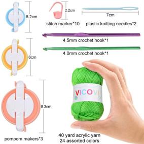 img 2 attached to VICOVI 1000+ Yard Acrylic Yarn Kit for Crochet & Knitting Craft with 24 Assorted Colors, 2 Crochet Hooks, 2 Mint Plastic Knitting Needles, 10 Markers, 10 Hairbands, 10 Hairpins, and 3 Pompom Makers in Various Sizes