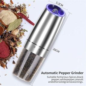 img 1 attached to Set of 2 Electric Gravity Pepper Grinders, Automatic Salt and Pepper Mill Grinder Set, Adjustable Coarseness, Battery Powered, Blue LED Light, Stainless Steel, One-Handed Operation (Silver, Pack of 2)